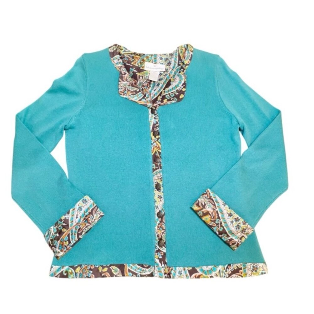 Vintage Cashmere Silk Teal Cardigan Paisley Trim Boho - Picture 9 of 9